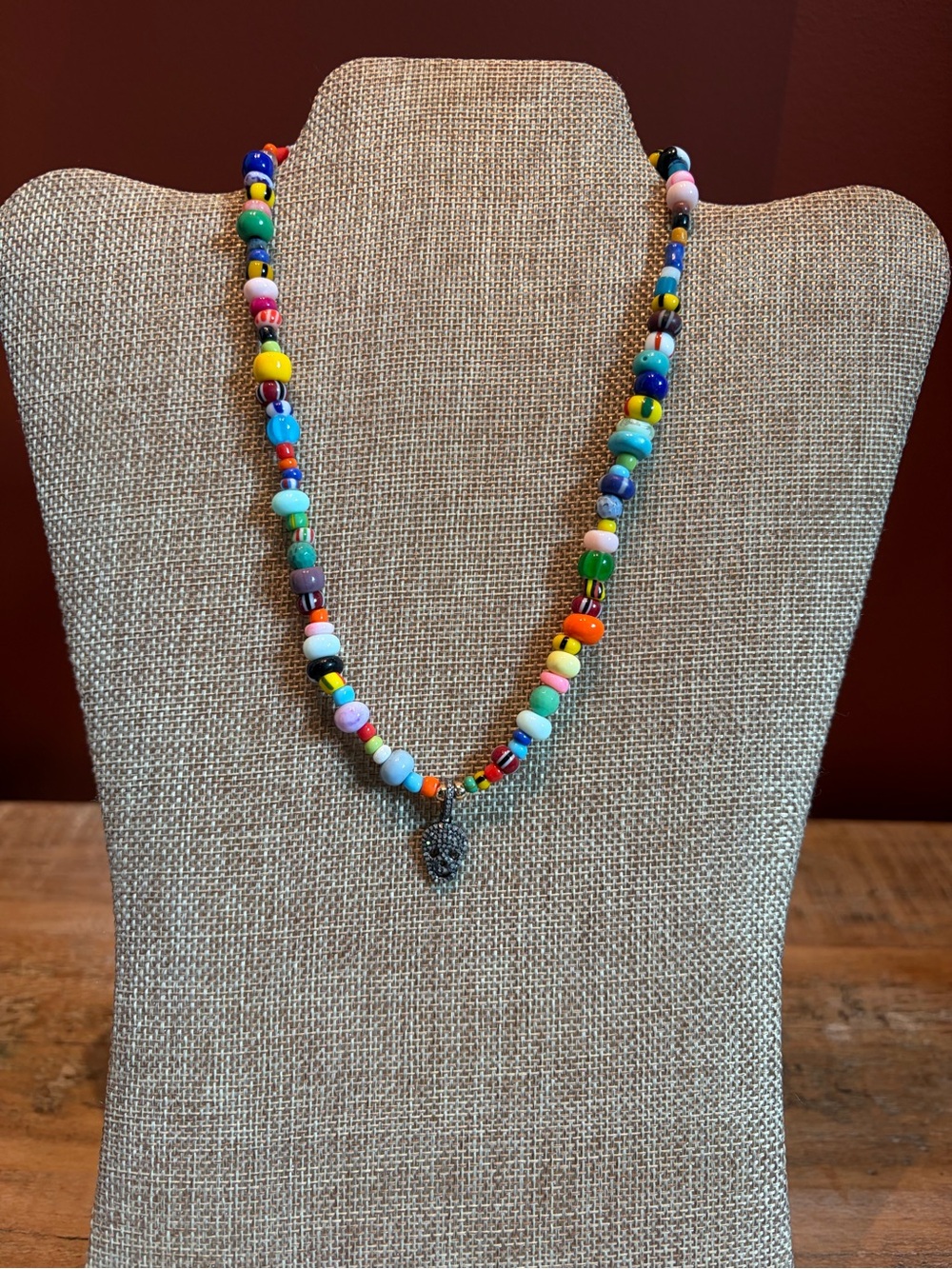 Multicolor Beaded Necklace with Pave Diamond Skull 💀 Pendant - Women Jewelry